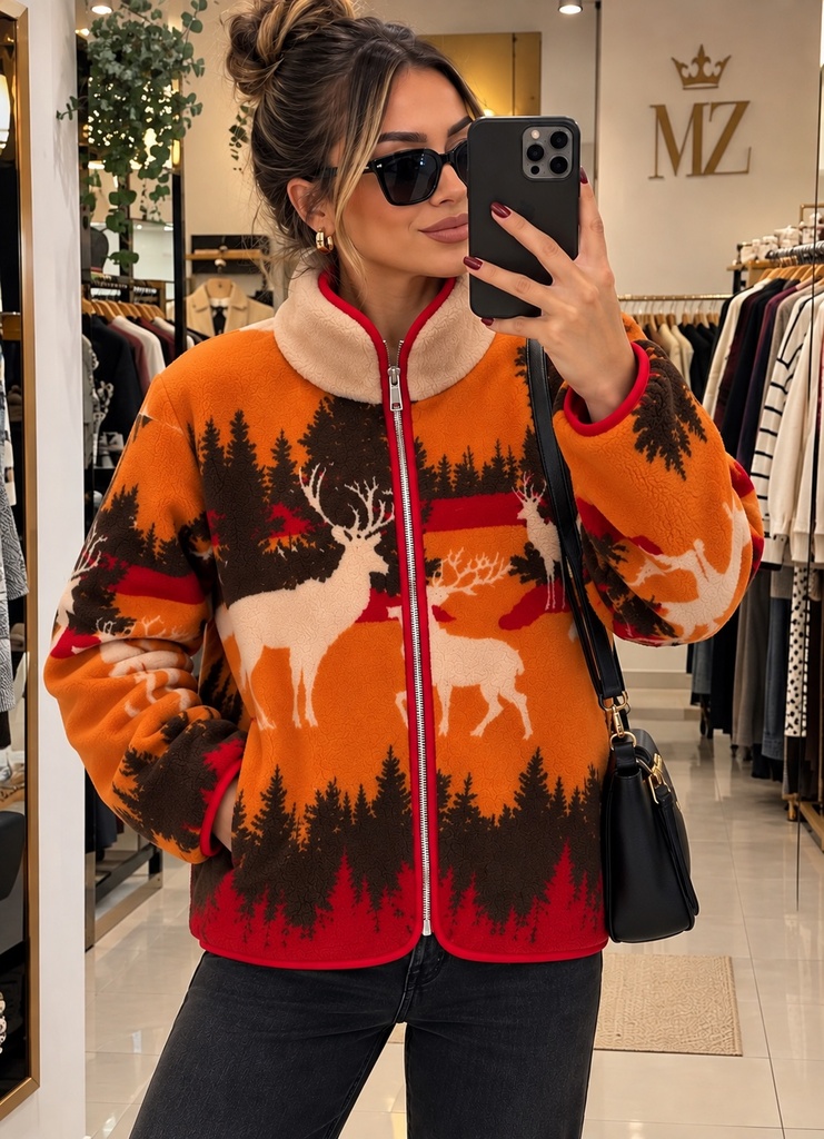 PELUŞ TEDDY GEYİK DESENLİ CEPLİ  CEKET