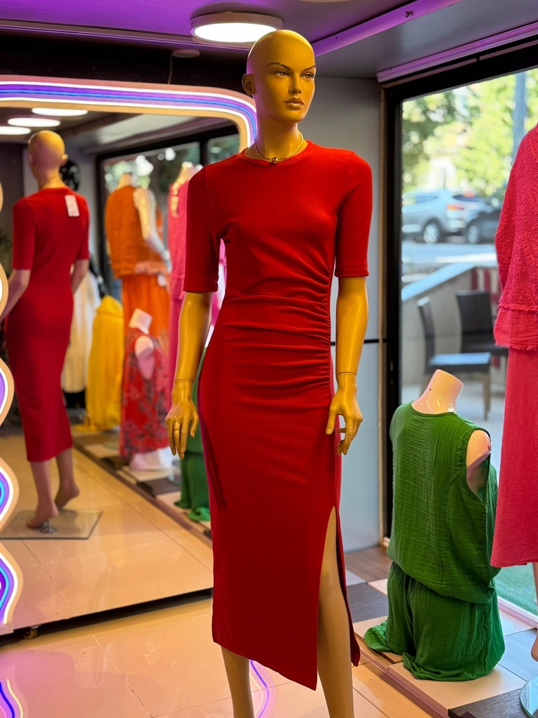 Ottoman kumaş kırmızı elbise Midi boy