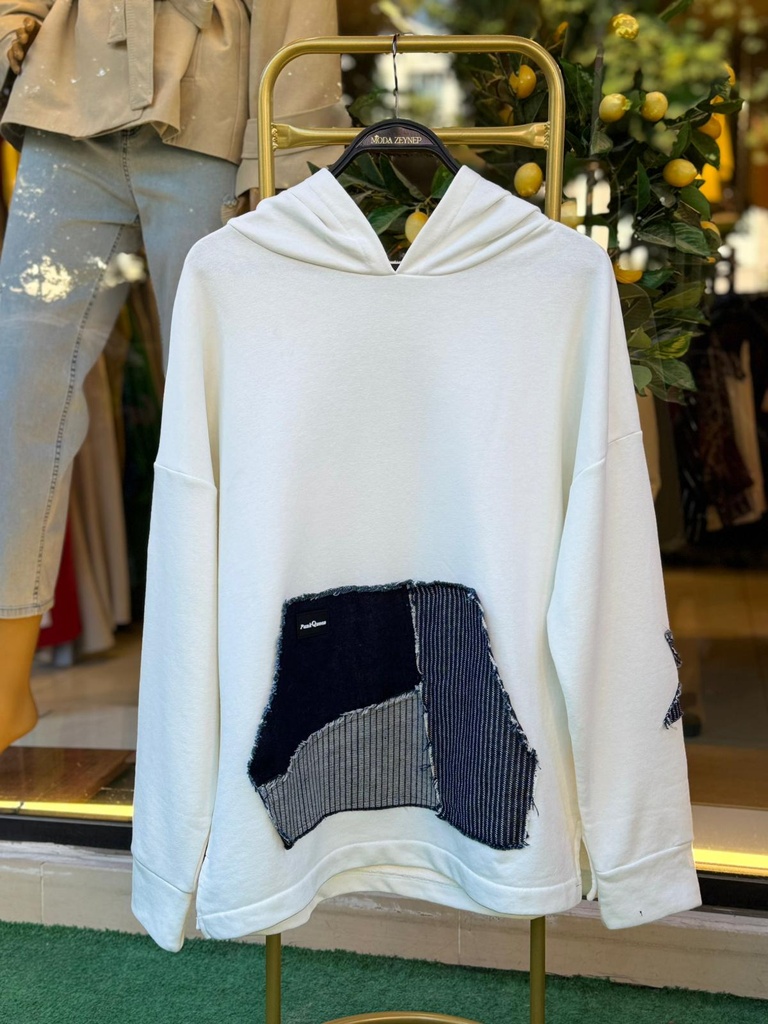 TASARIM JEAN DETAYLI KAPÜŞONLU SWEAT