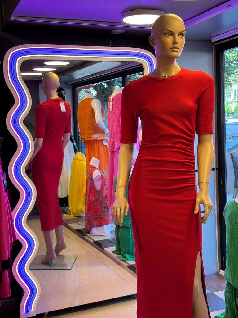 Ottoman kumaş kırmızı elbise Midi boy