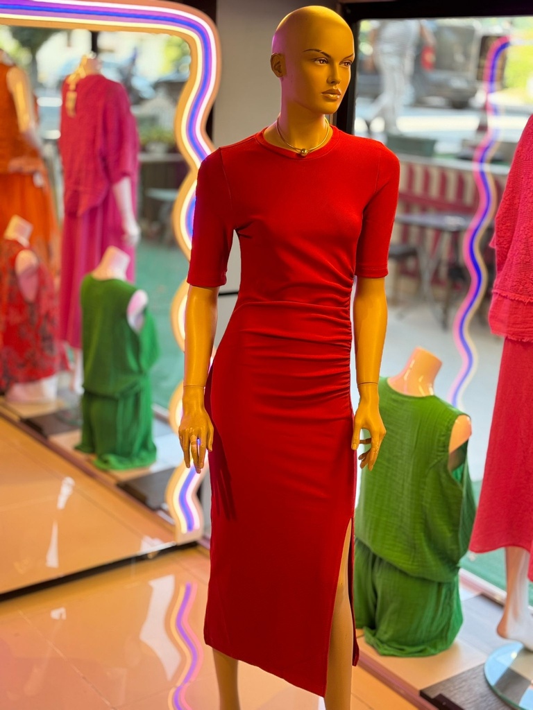 Ottoman kumaş kırmızı elbise Midi boy