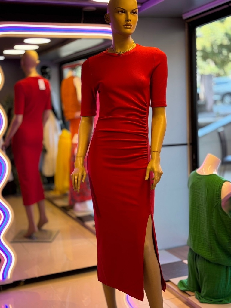 Ottoman kumaş kırmızı elbise Midi boy