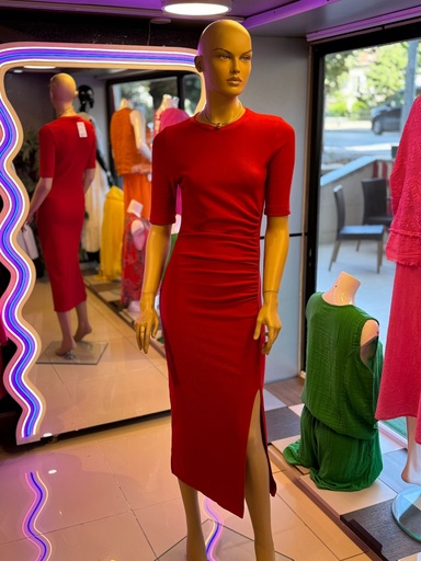 Ottoman kumaş kırmızı elbise Midi boy